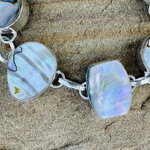 VTG Link Bracelet Size 7.5 MOP Shell Teardrop Cabs 925 Sterling Silver 21.5g - Picture 5 of 12